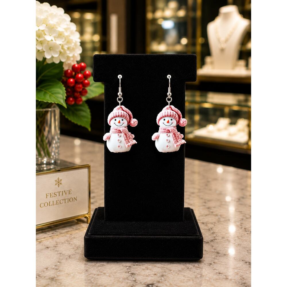 Festive Pink Snowman Drop & Dangle Acrylic Earrings